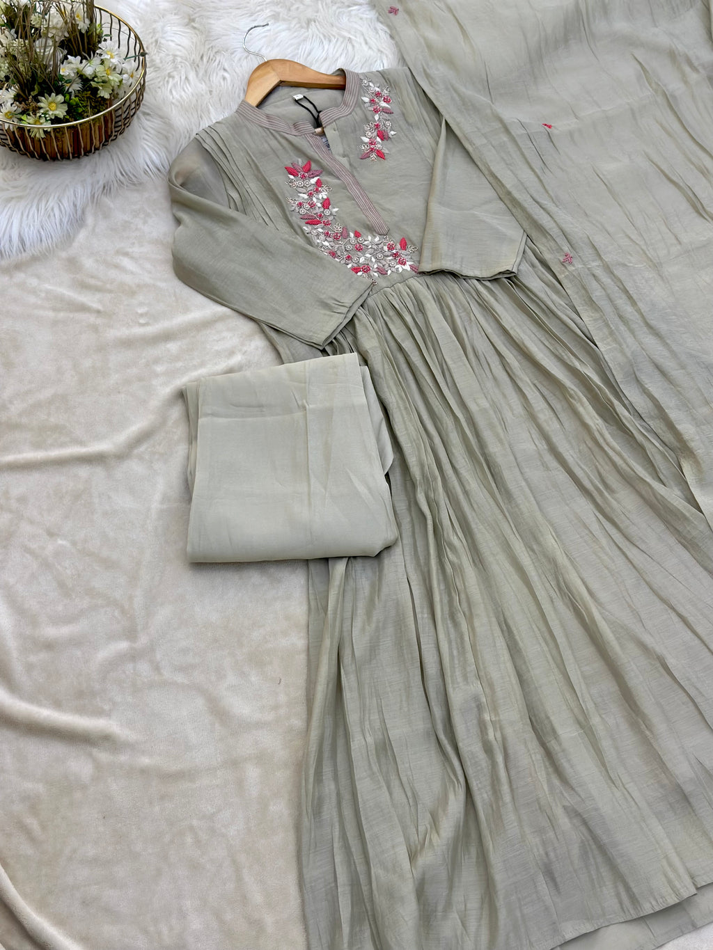 Chanderi Embroidered Stitched Suit