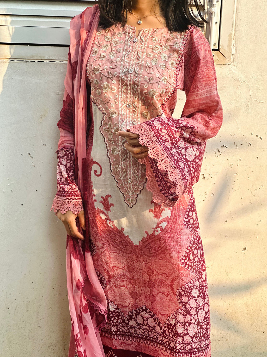 Pink and White Printed Pakistani Cotton Suit