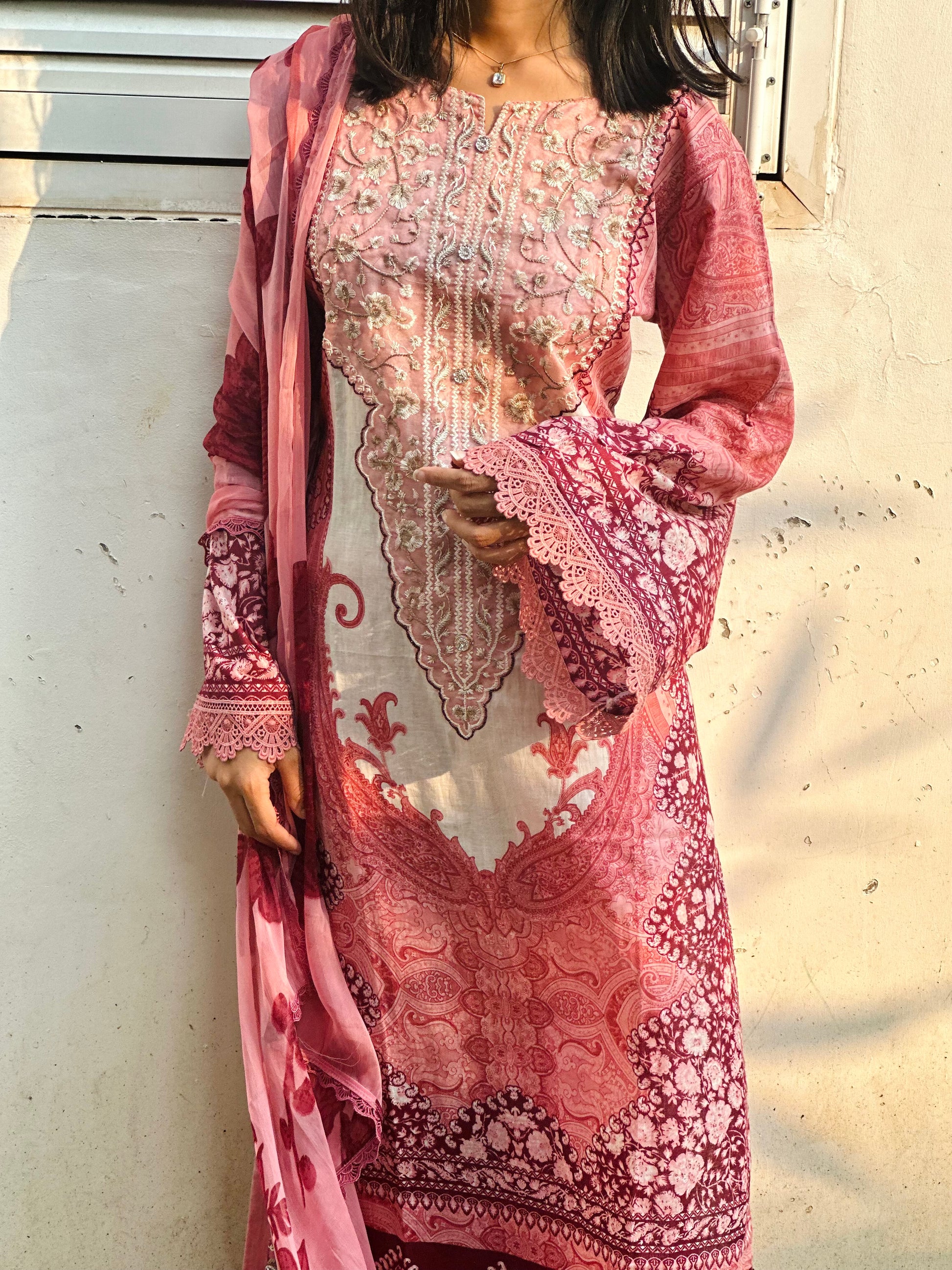 Pink and White Printed Pakistani Cotton Suit