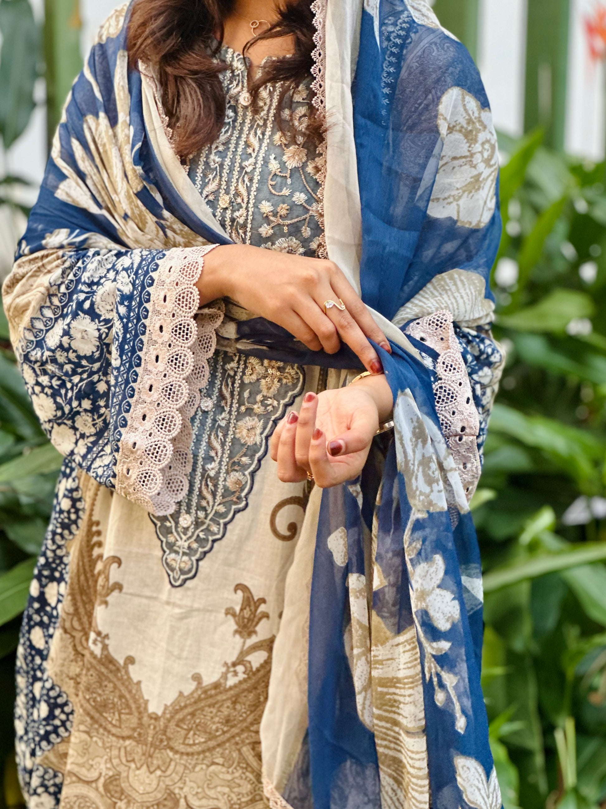 Blue and White Printed Pakistani Cotton Suit