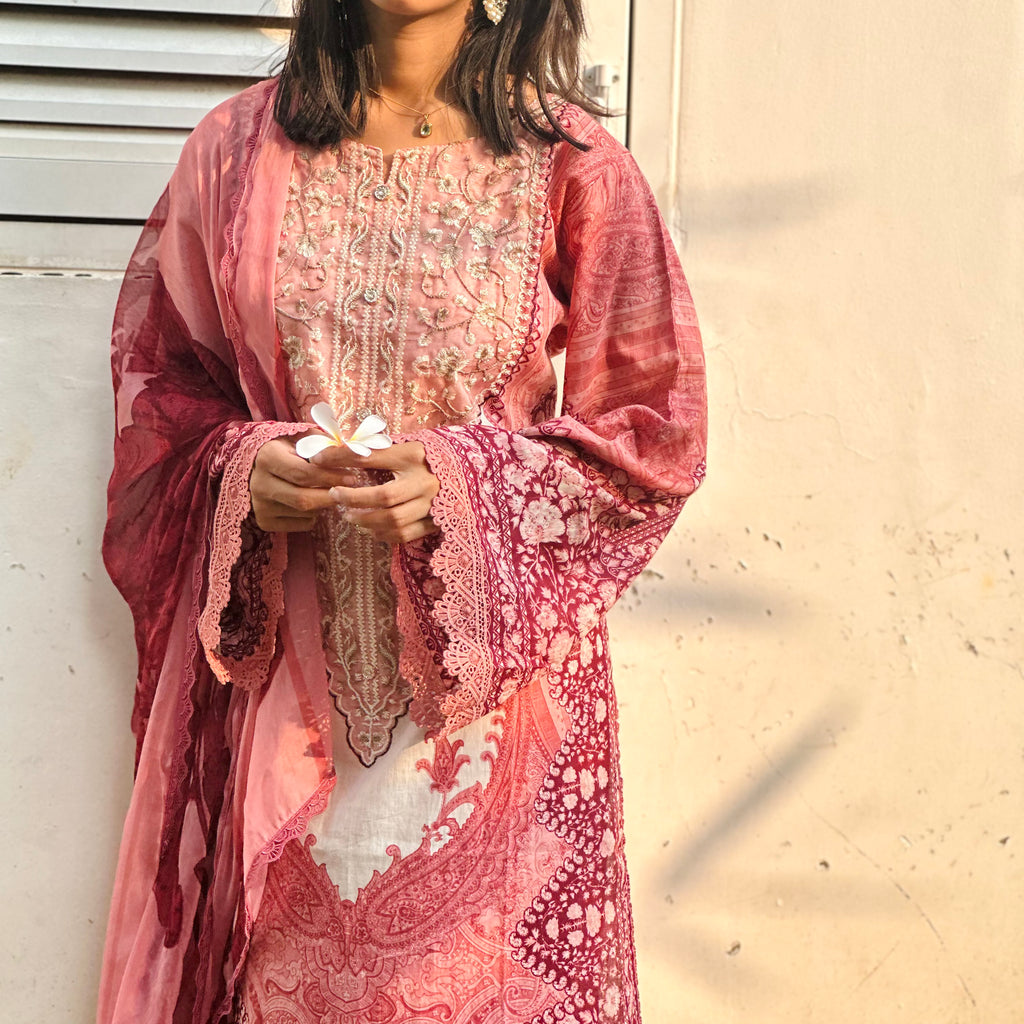 Pink and White Printed Pakistani Cotton Suit