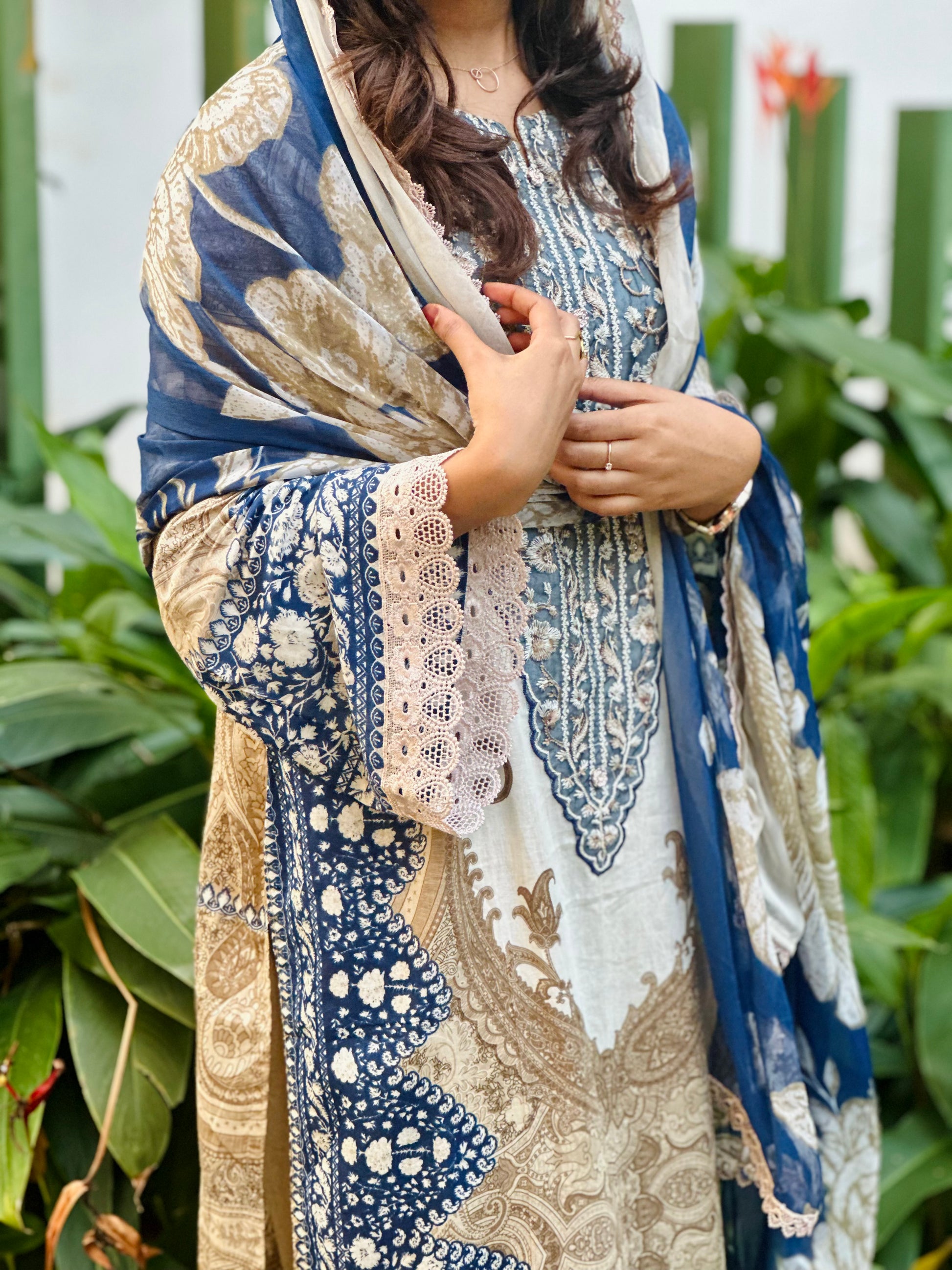 Blue and White Printed Pakistani Cotton Suit