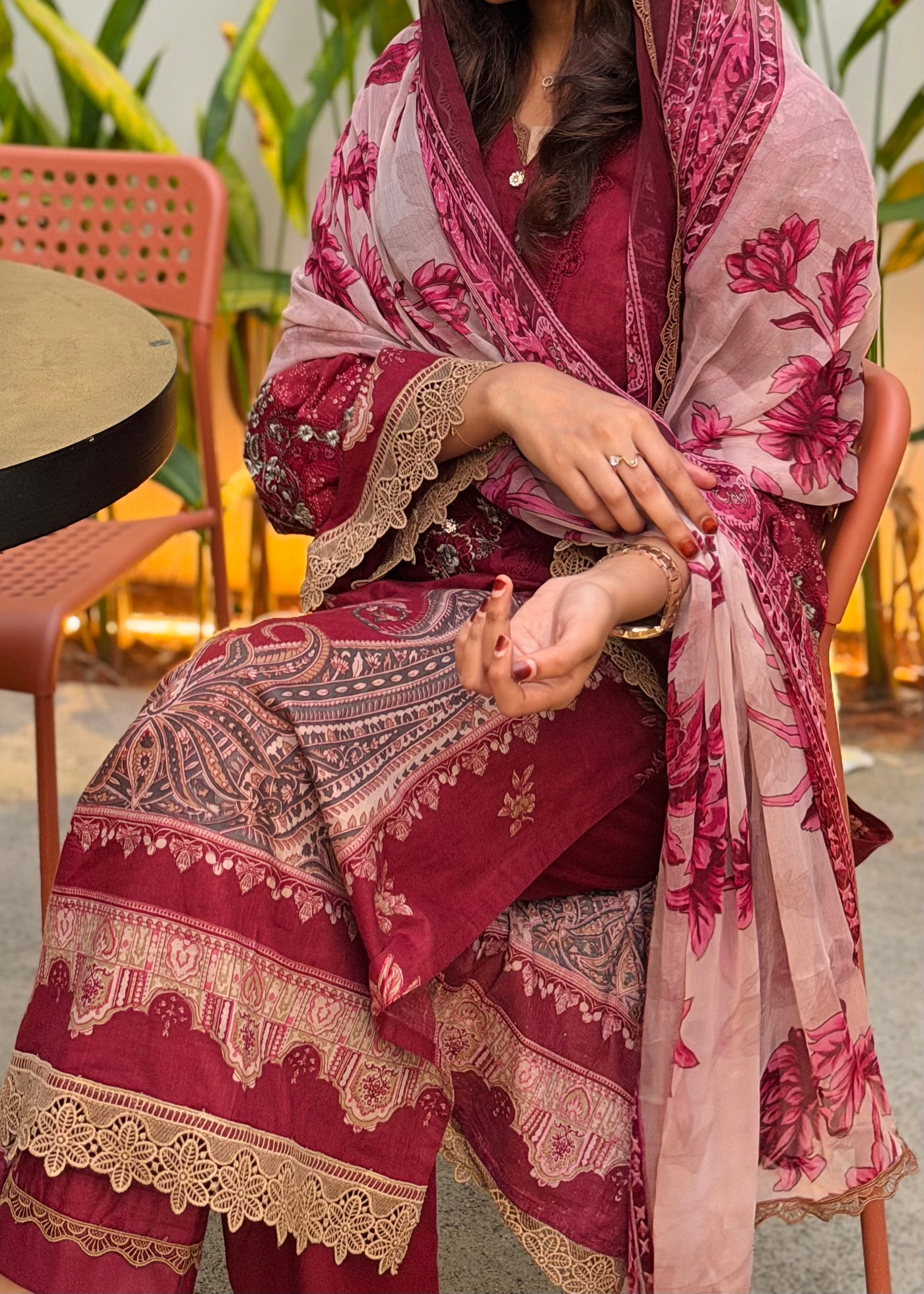 Maroon Printed Pakistani Cotton Suit