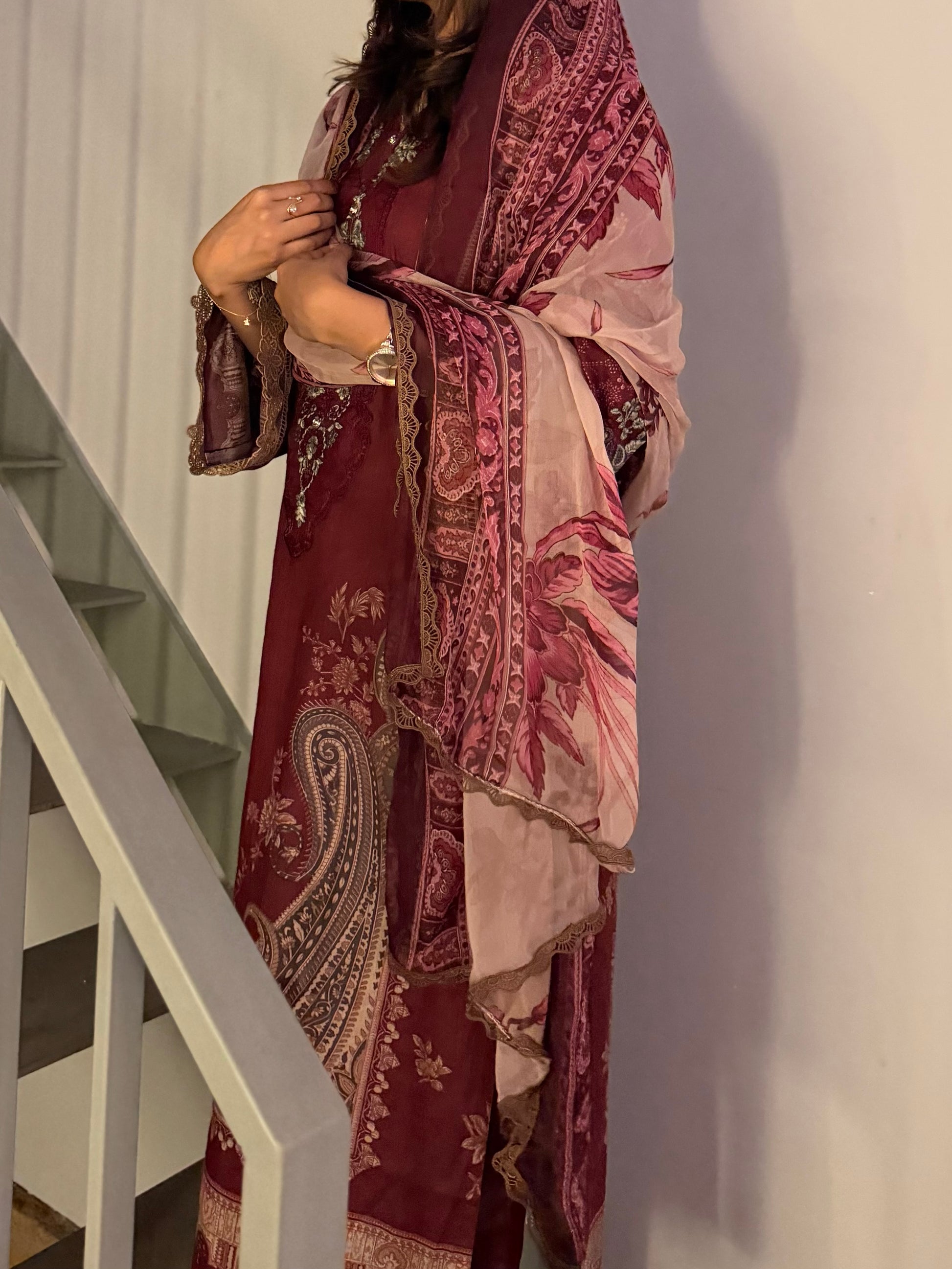 Maroon Printed Pakistani Cotton Suit