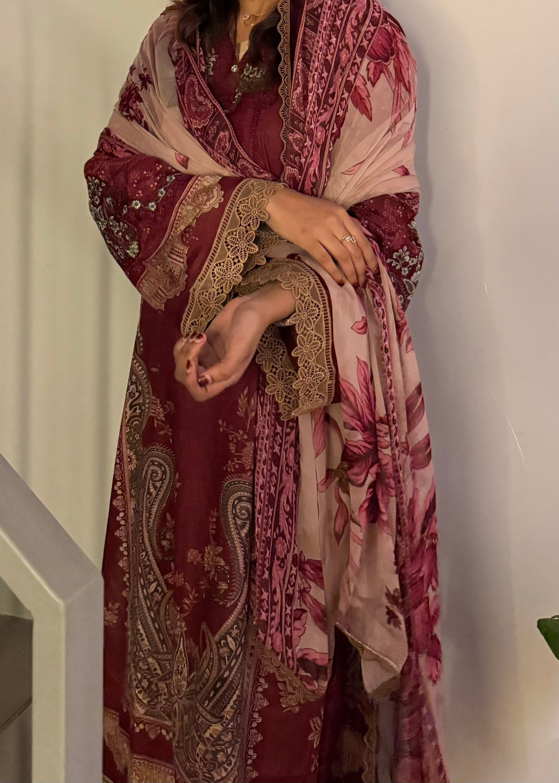 Maroon Printed Pakistani Cotton Suit