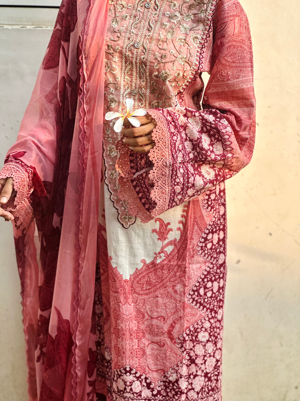 Pink and White Printed Pakistani Cotton Suit