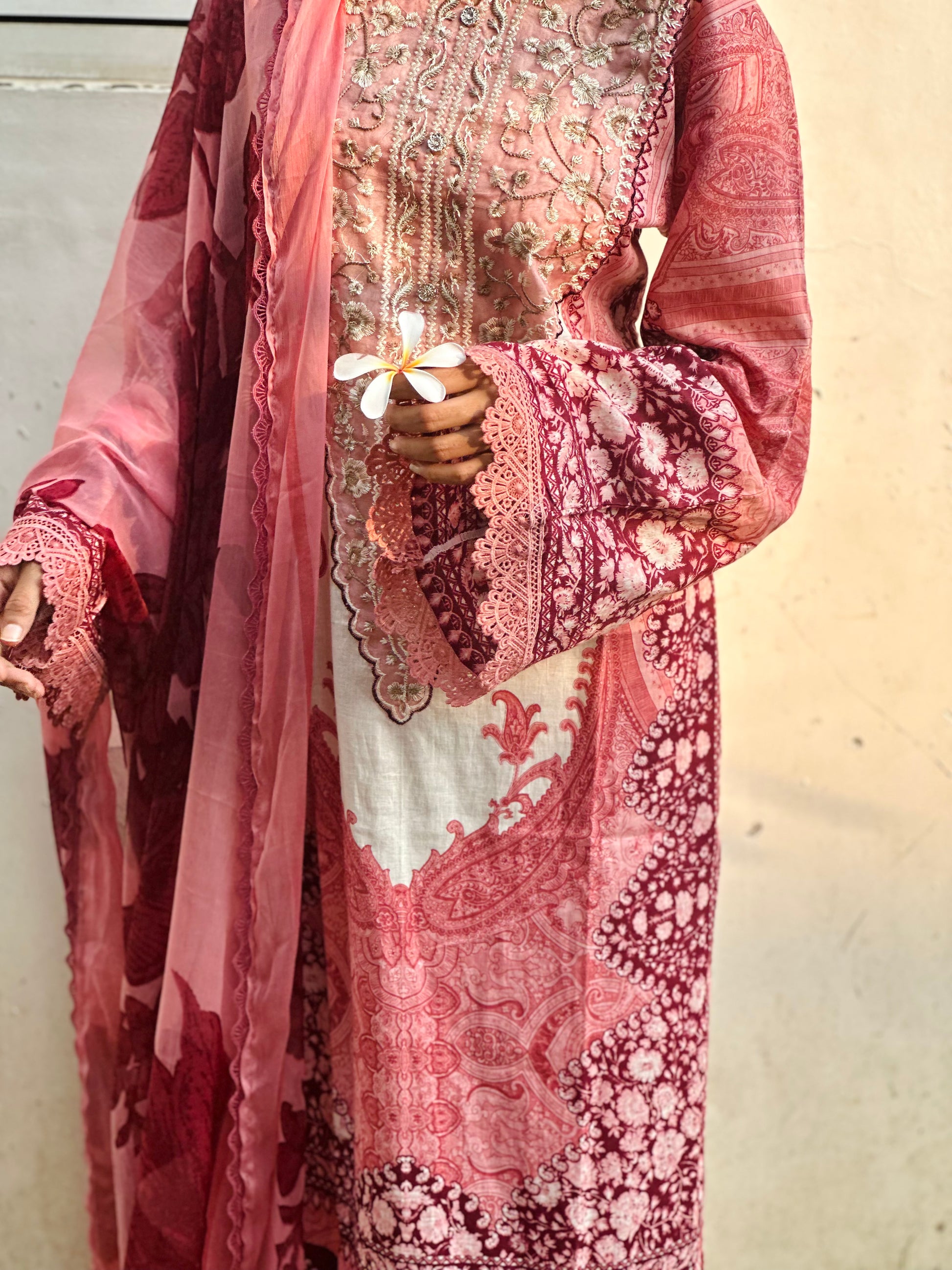 Pink and White Printed Pakistani Cotton Suit