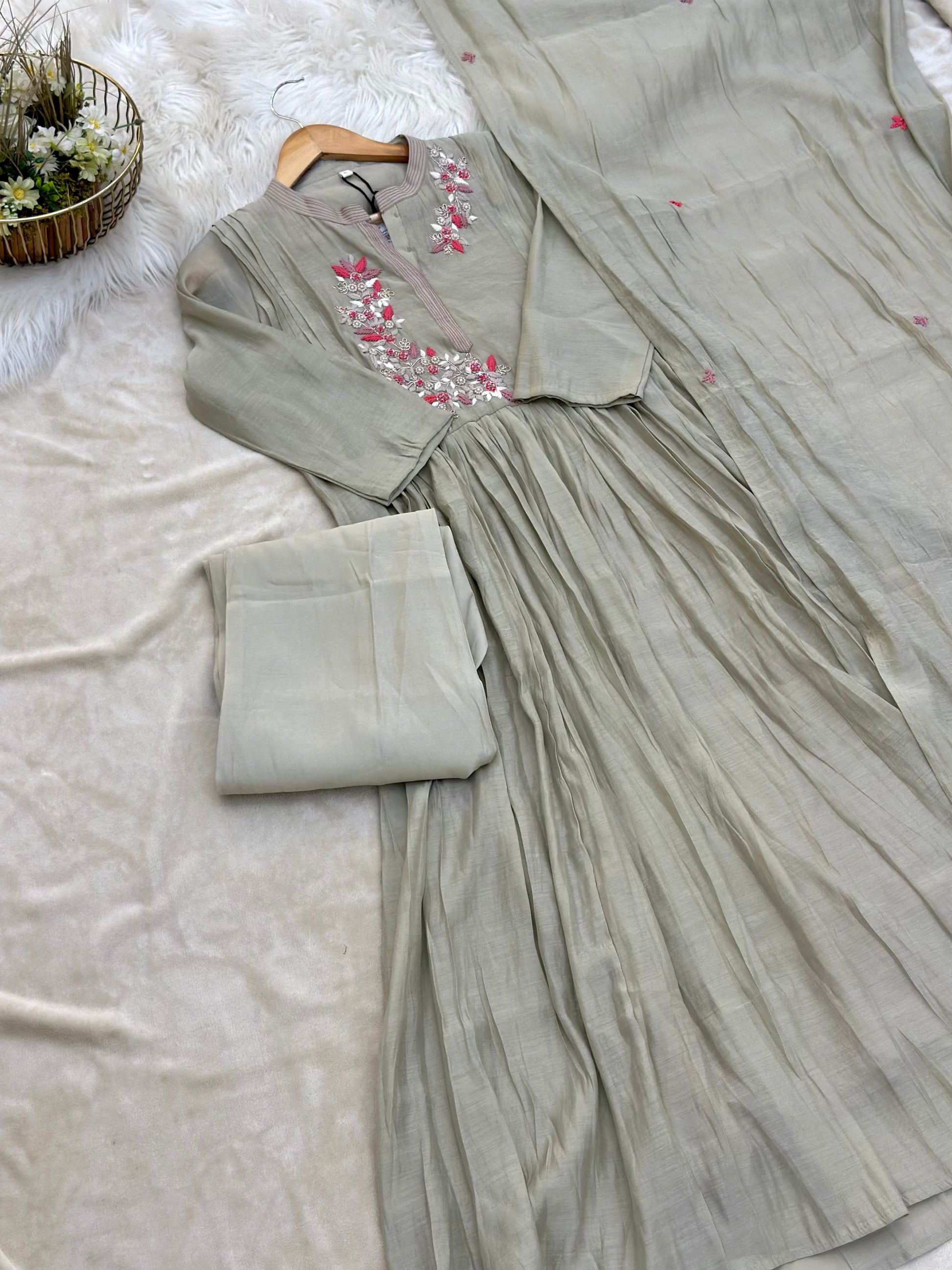 Chanderi Embroidered Stitched Suit