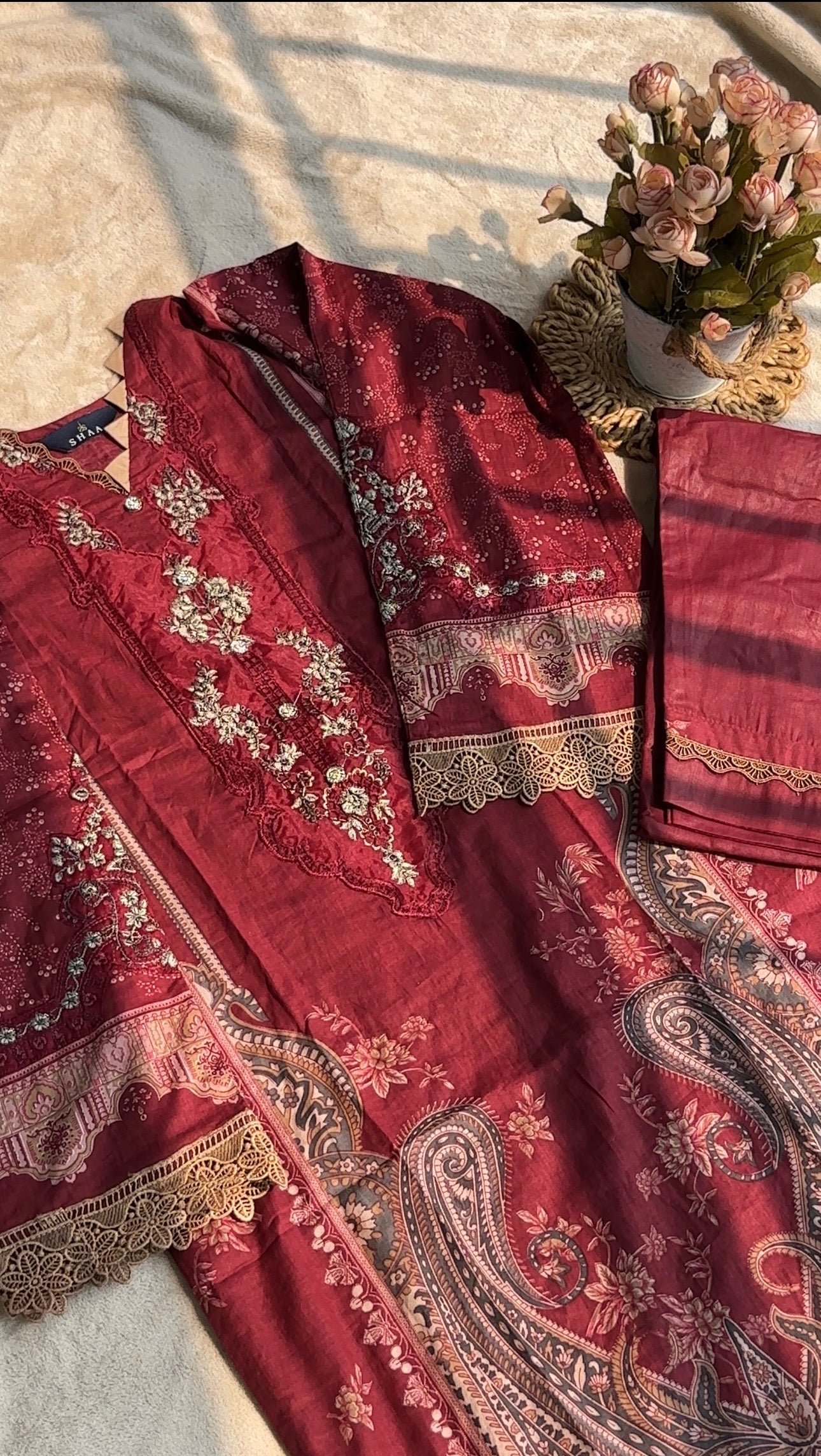 Maroon Printed Pakistani Cotton Suit