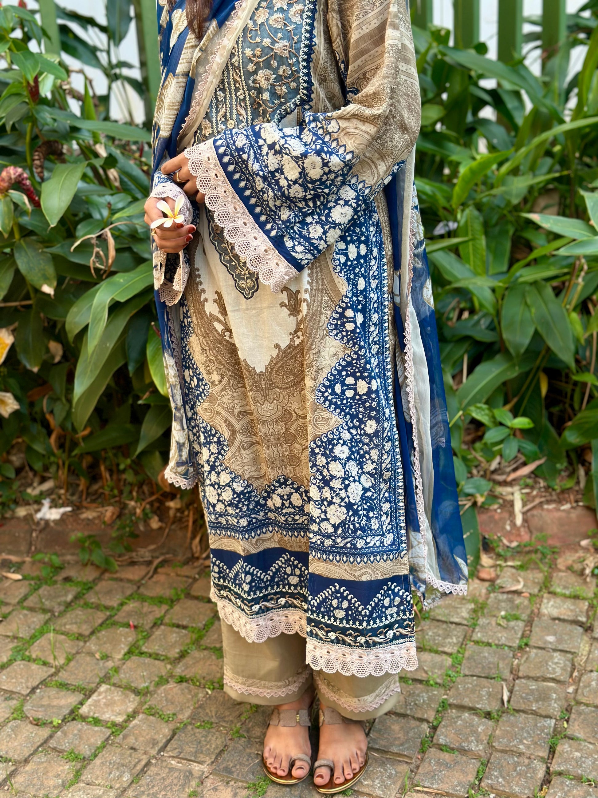 Blue and White Printed Pakistani Cotton Suit