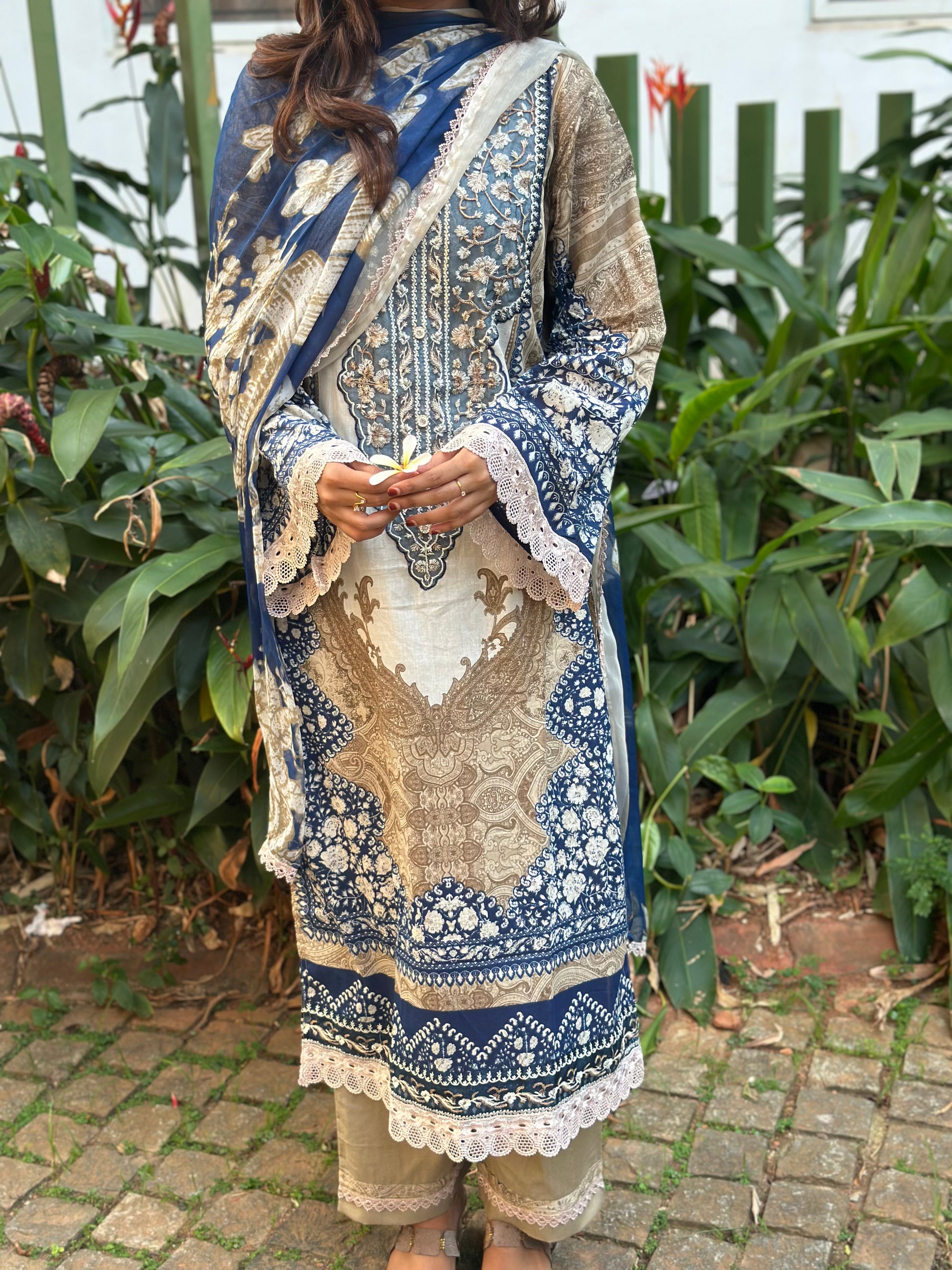 Blue and White Printed Pakistani Cotton Suit