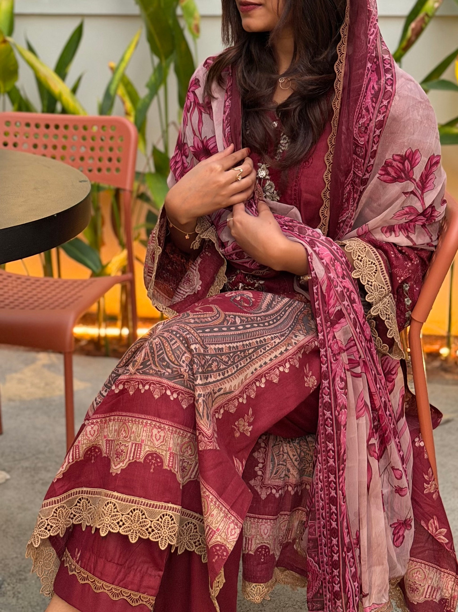 Maroon Printed Pakistani Cotton Suit