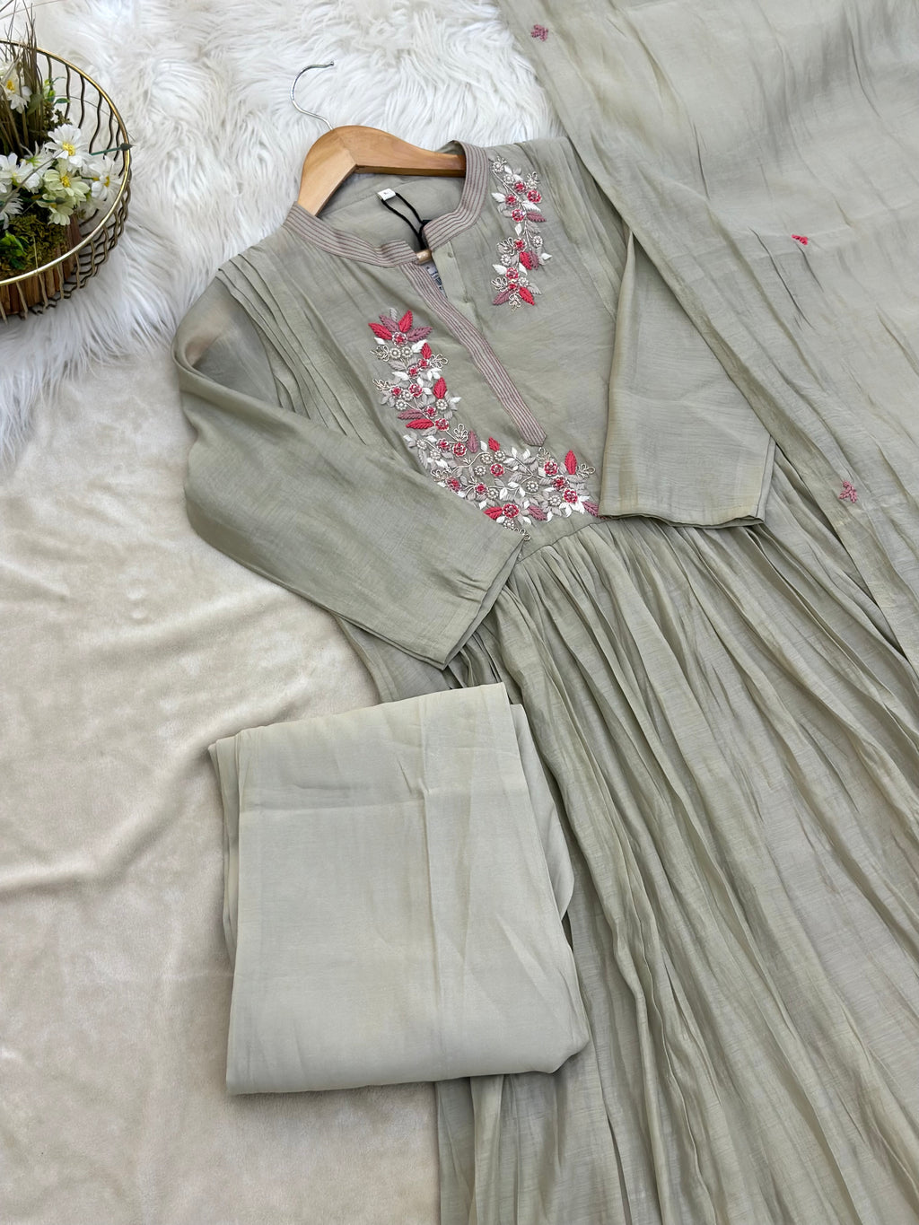 Chanderi Embroidered Stitched Suit