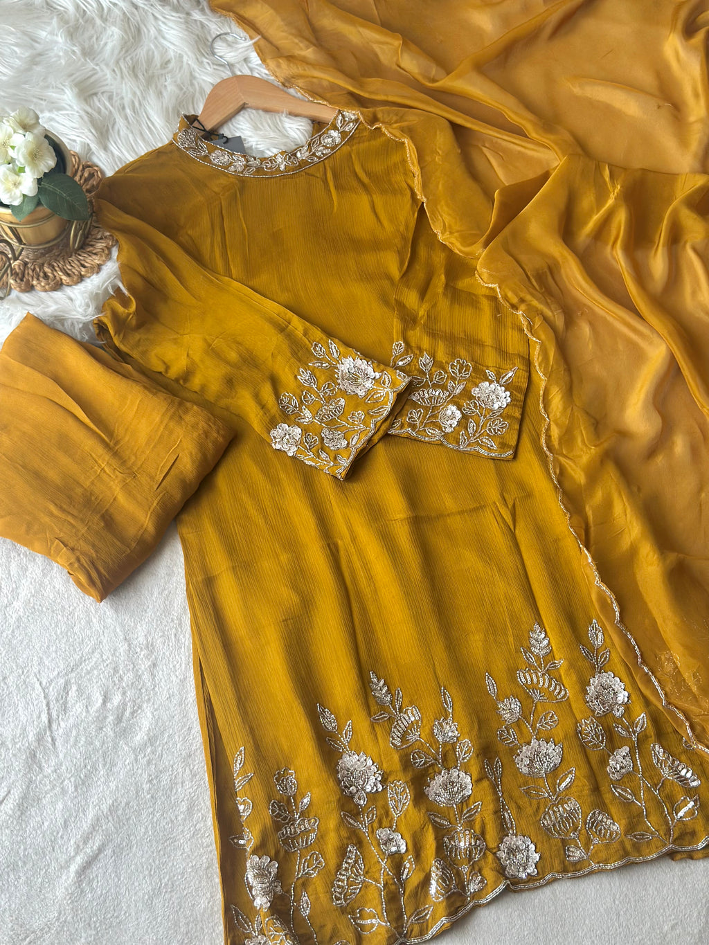 Mustard Gold Embroidered 3-Piece Suit Set