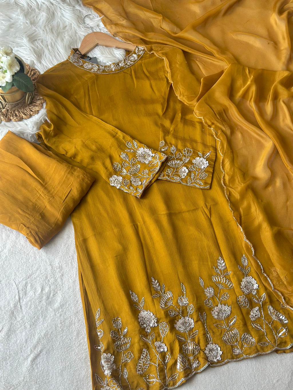 Mustard Gold Embroidered 3-Piece Suit Set