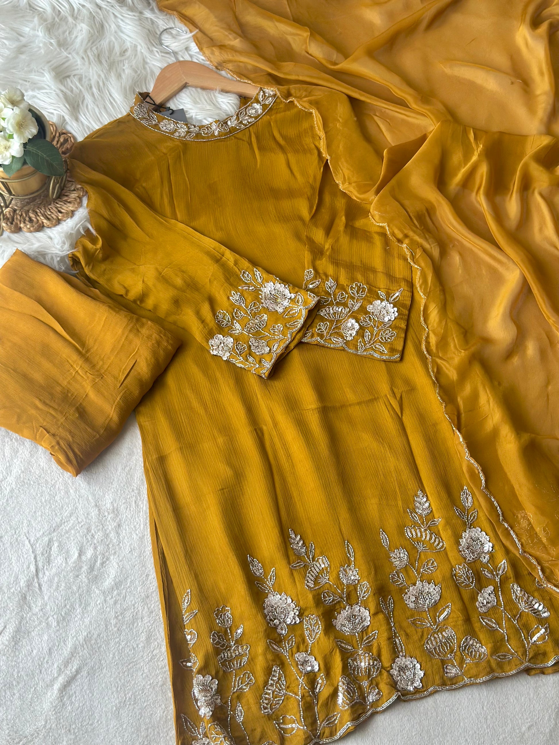 Mustard Gold Embroidered 3-Piece Suit Set