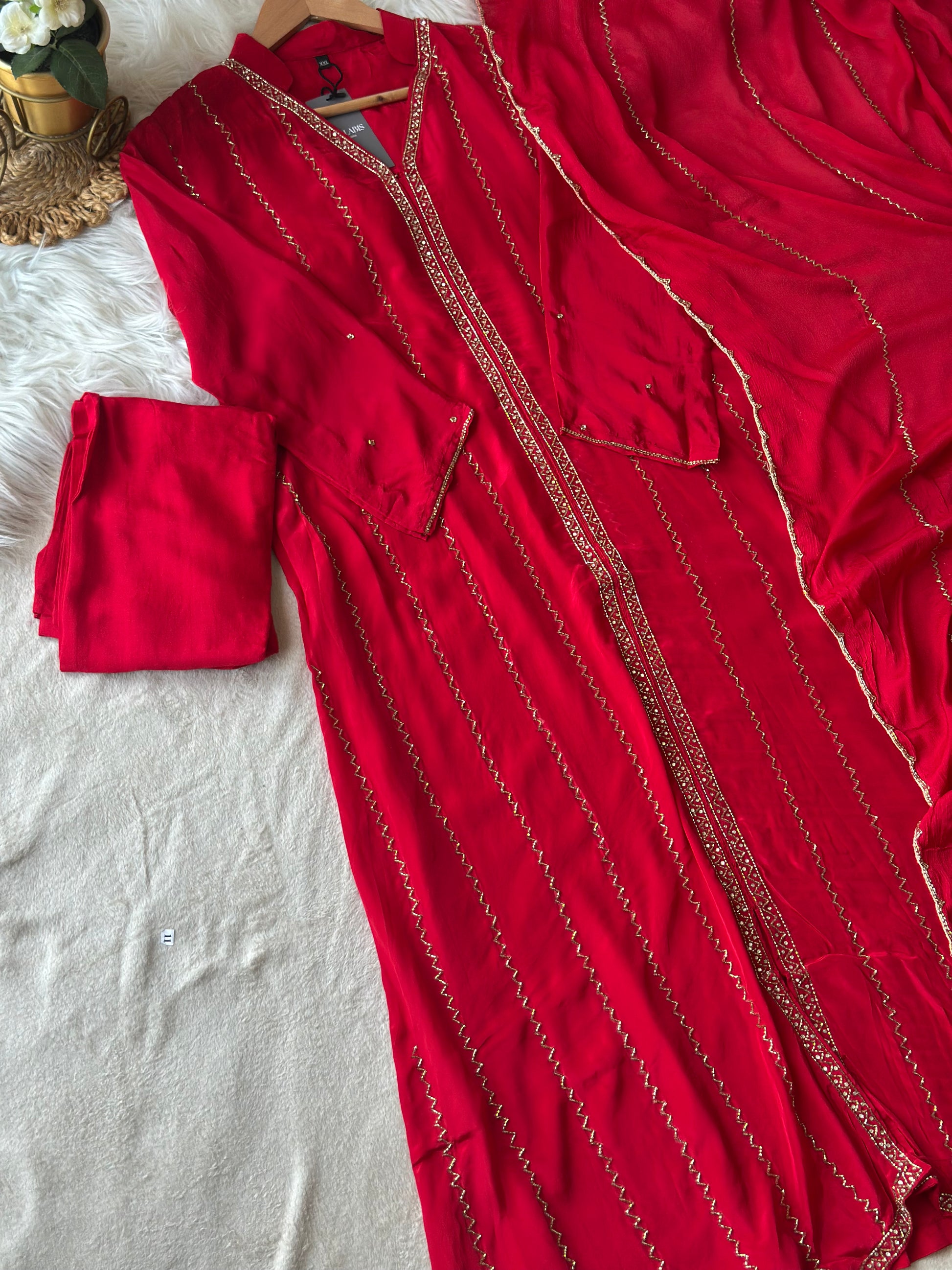 Ruby Red & Black Embroidered 3-Piece Suit Set