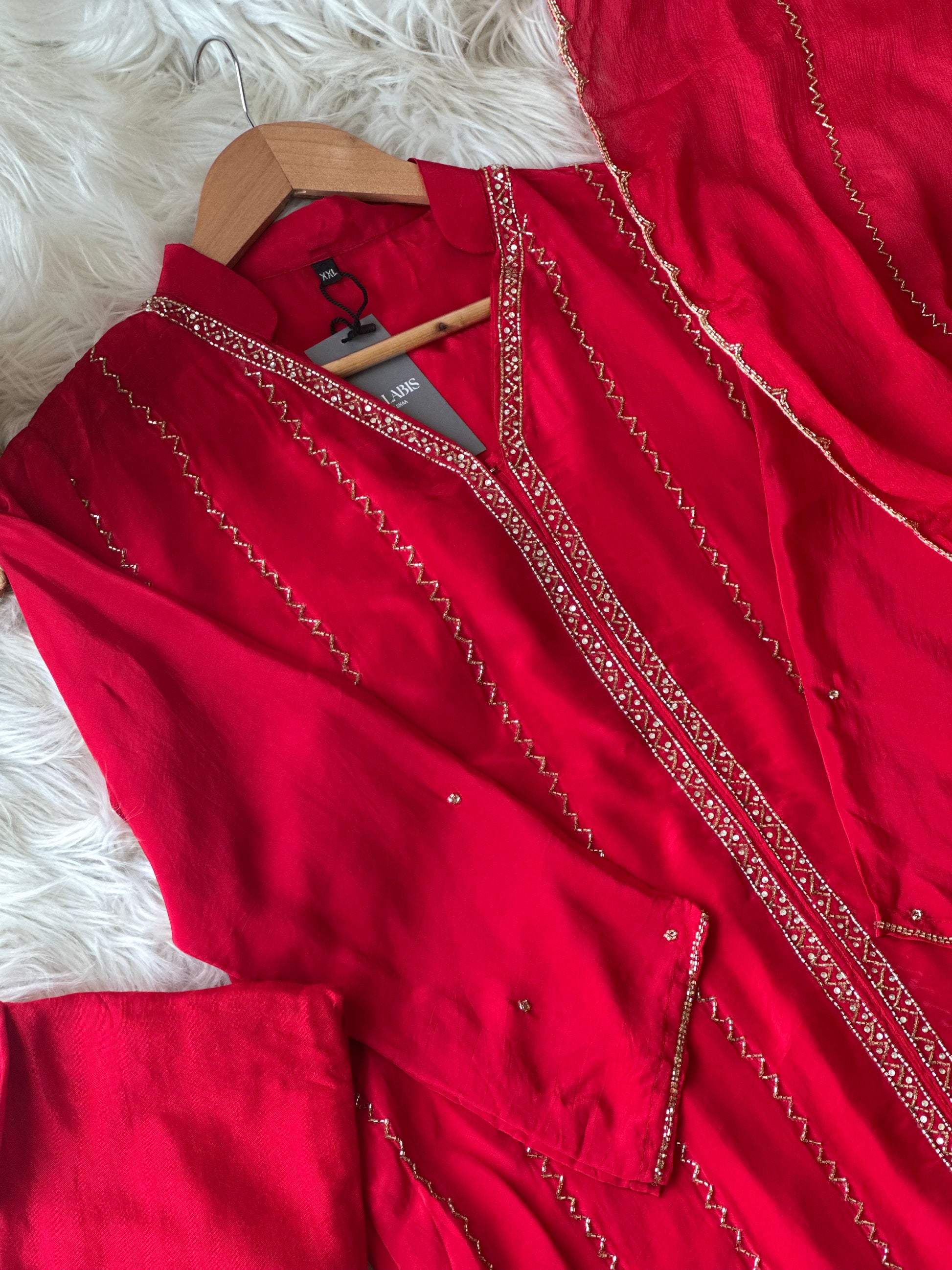Ruby Red & Black Embroidered 3-Piece Suit Set