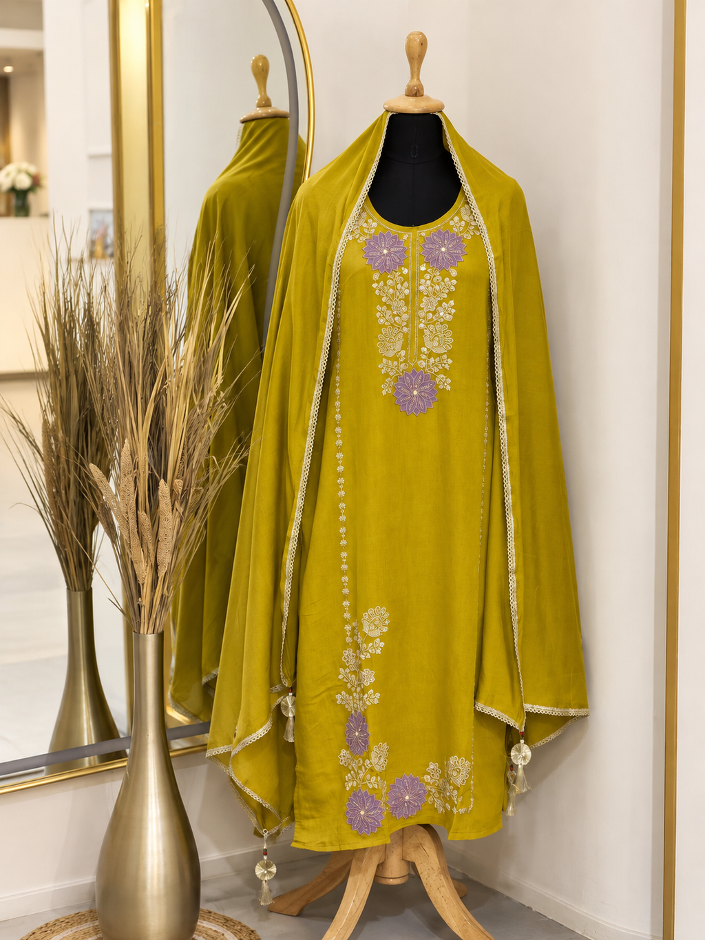 Lime Green Floral Embroidered Stitched Suit