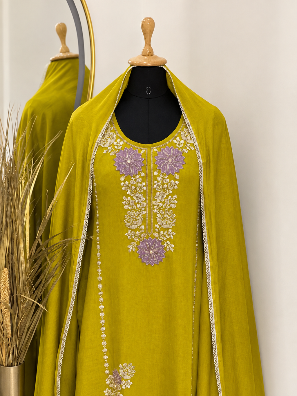 Lime Green Floral Embroidered Stitched Suit