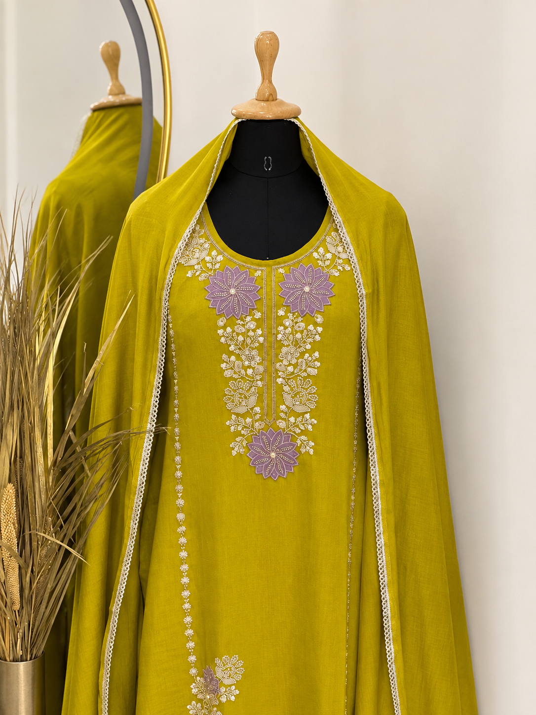 Lime Green Floral Embroidered Stitched Suit