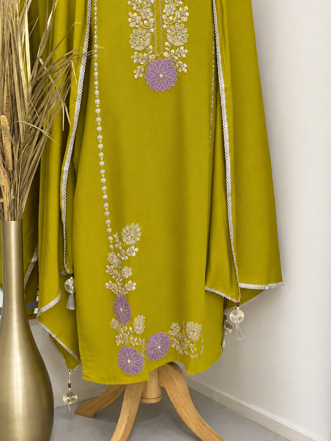 Lime Green Floral Embroidered Stitched Suit