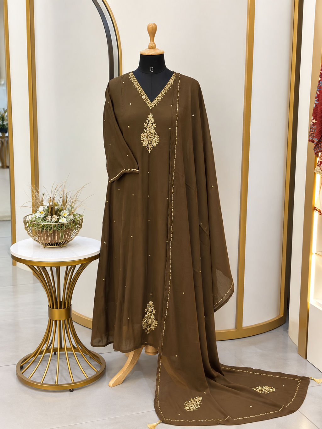 Brown Handworked Embroidered Chiffon Stitched Suit
