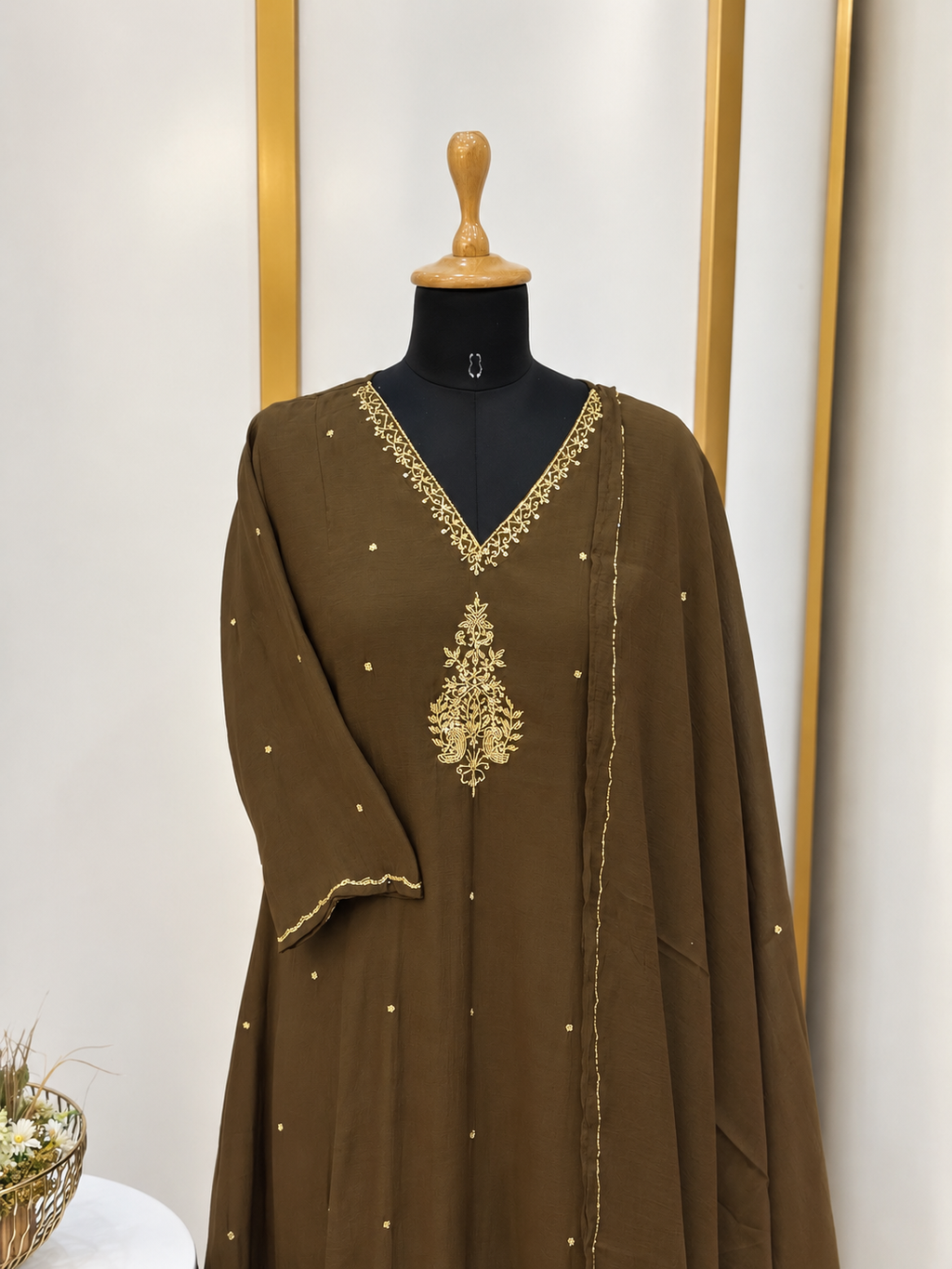 Brown Handworked Embroidered Chiffon Stitched Suit