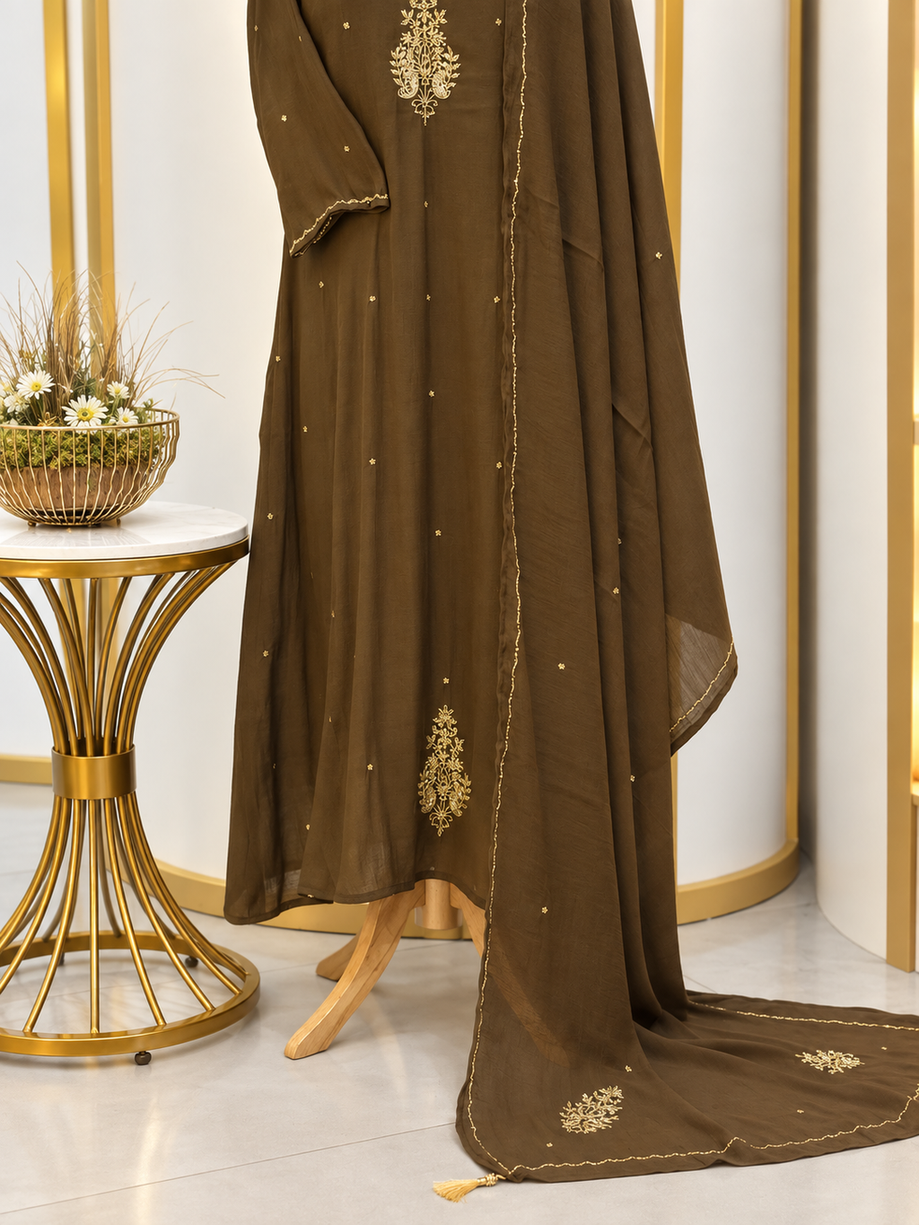 Brown Handworked Embroidered Chiffon Stitched Suit