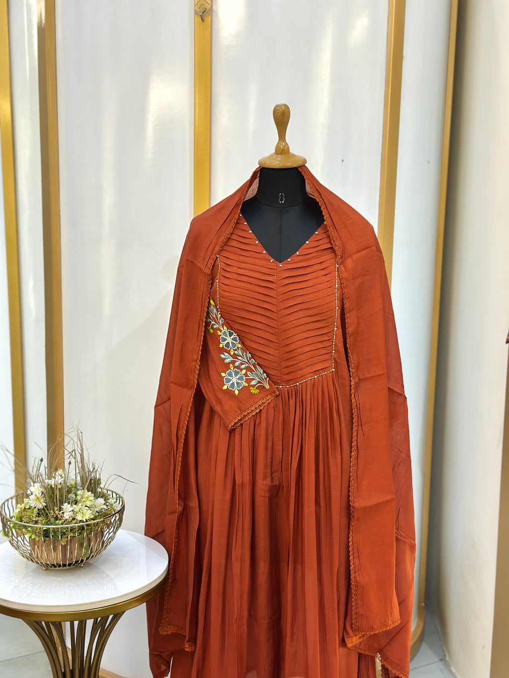 Rust Orange Pleated Embroidered Anarkali Suit