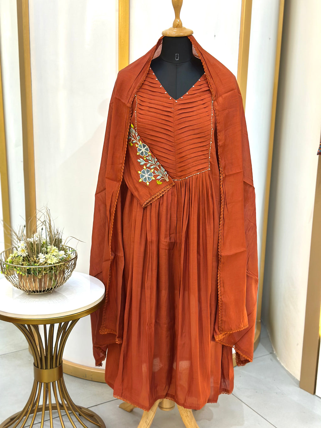 Rust Orange Pleated Embroidered Anarkali Suit