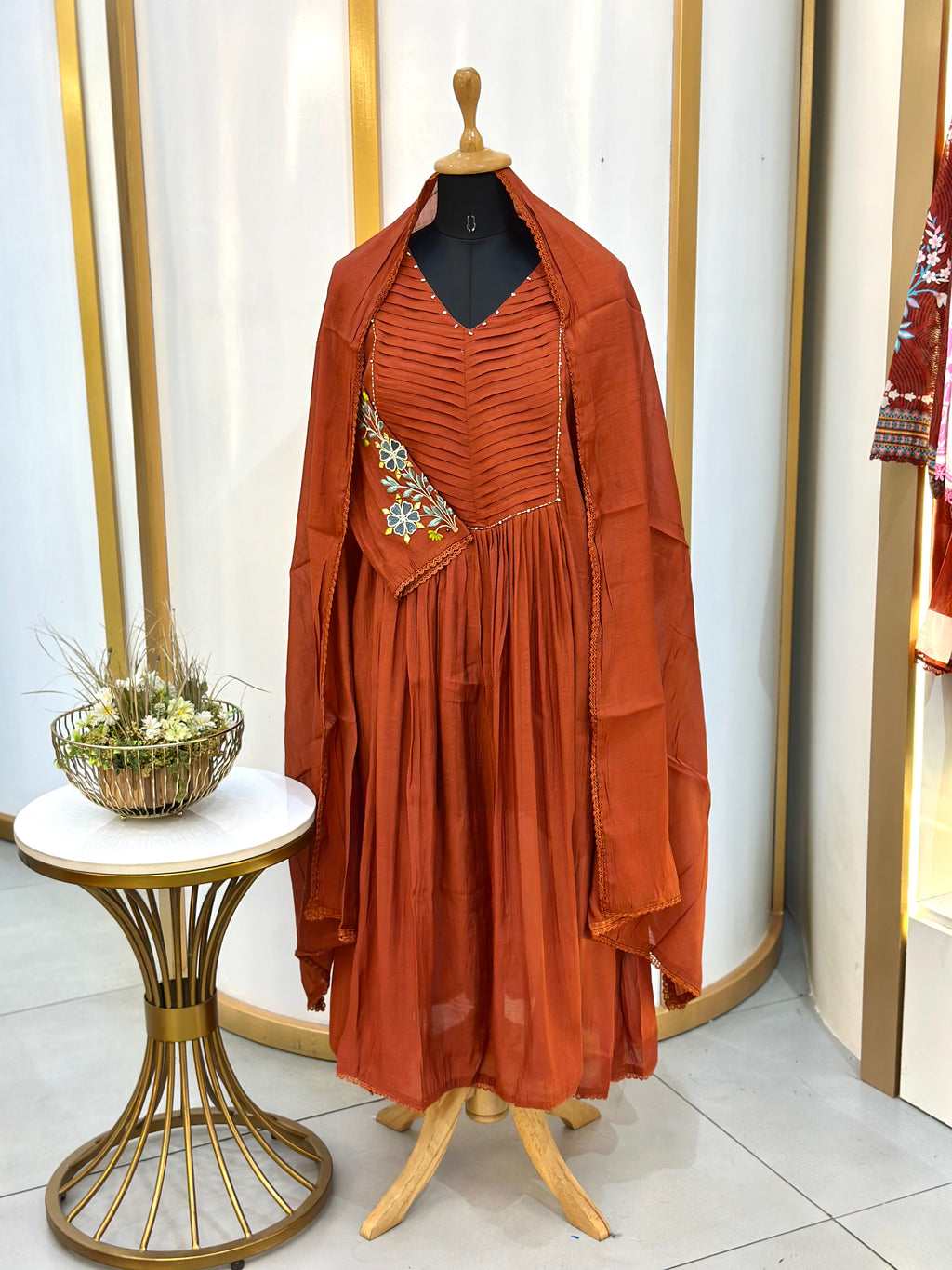 Rust Orange Pleated Embroidered Anarkali Suit