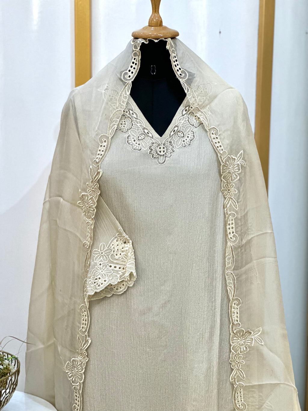 Ivory Embroidered Organza Stitched Suit