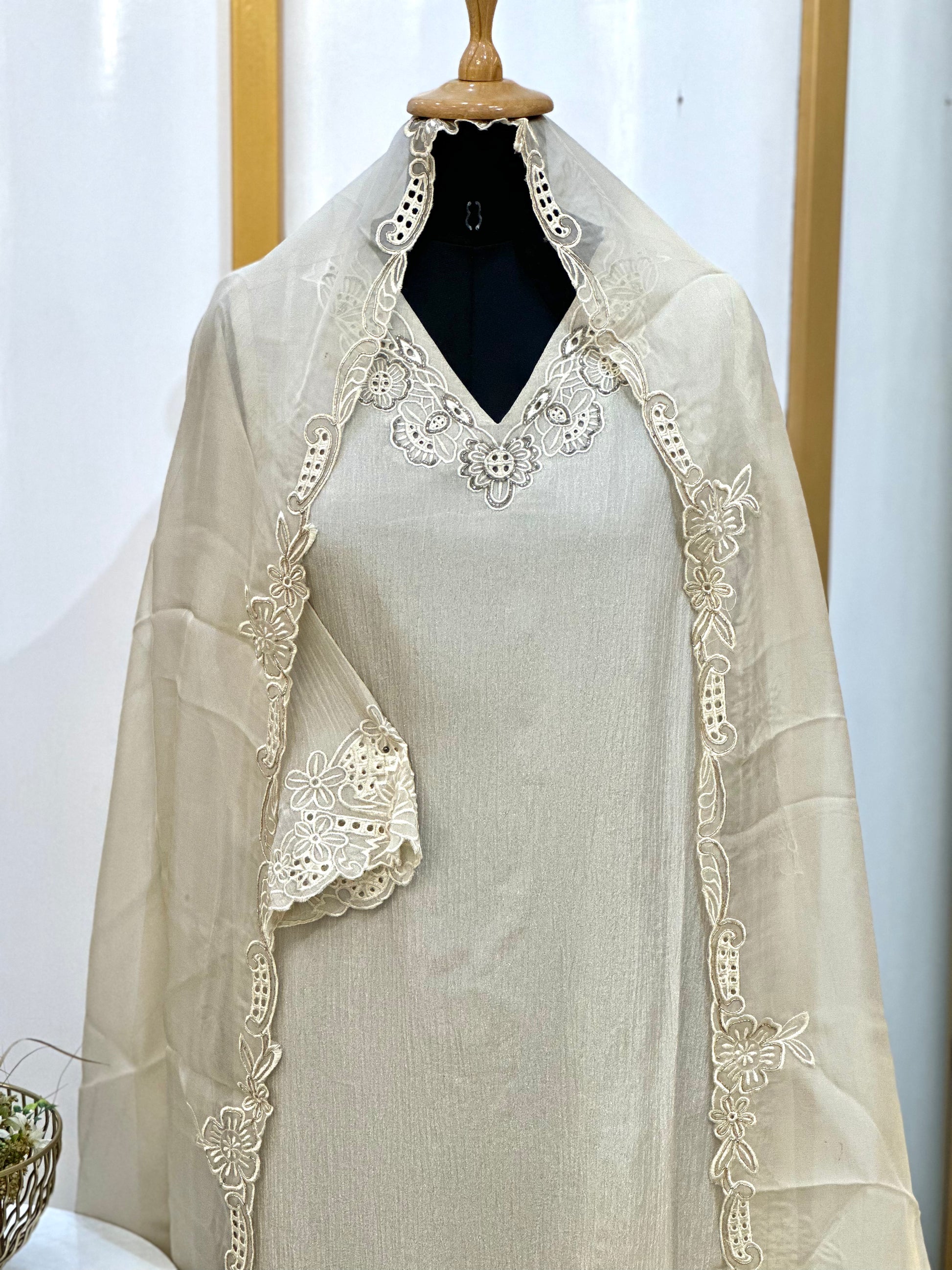 Ivory Embroidered Organza Stitched Suit