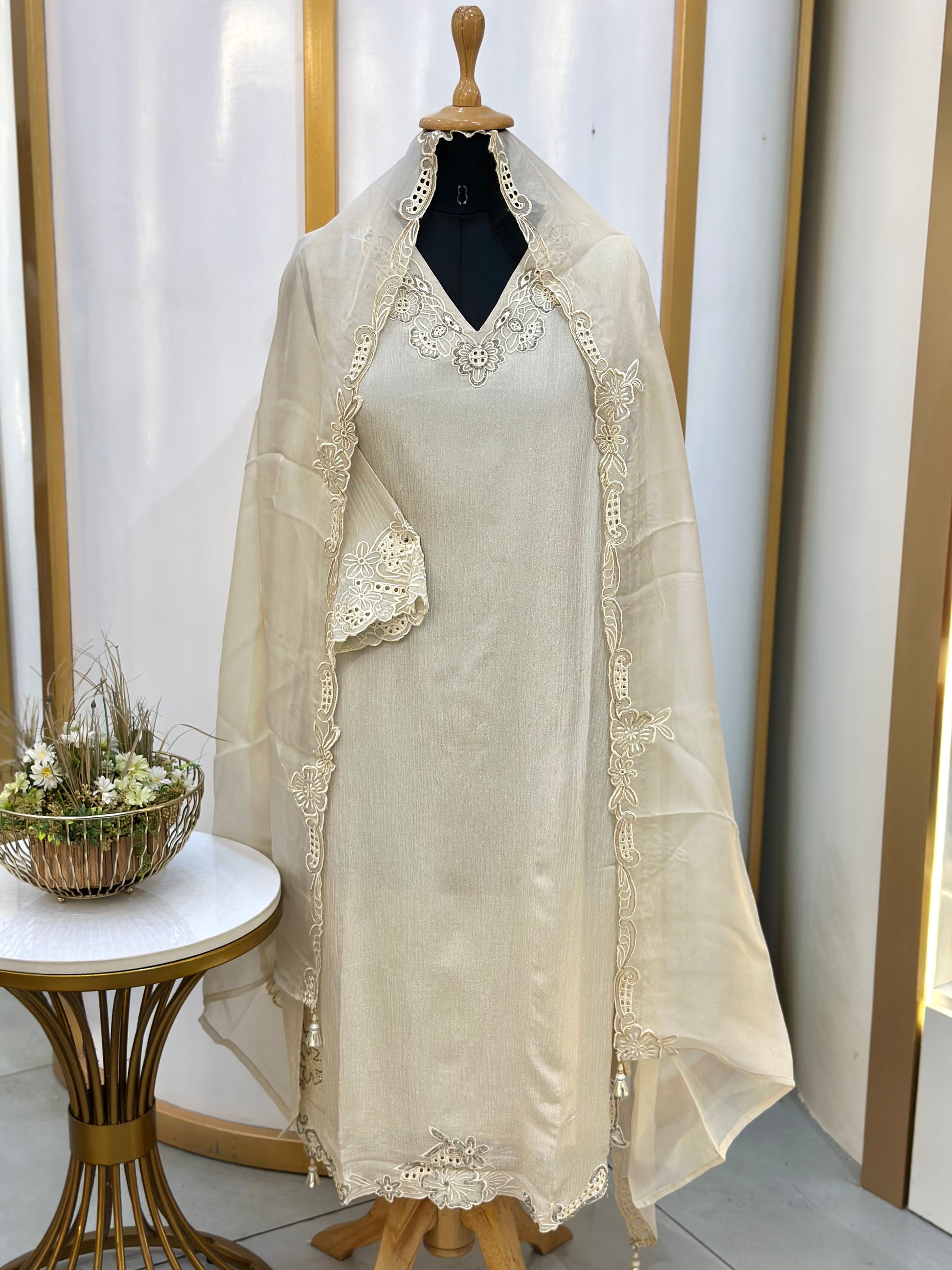 Ivory Embroidered Organza Stitched Suit